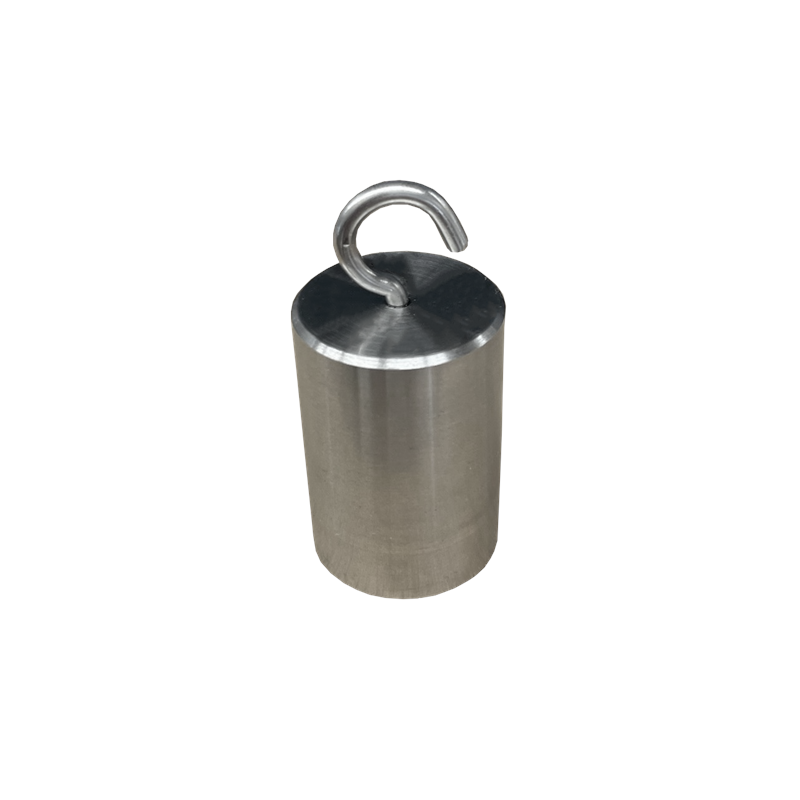Stainless steel cylindrical mass 50g with hook. Incl. certificate. Zwiebel.
